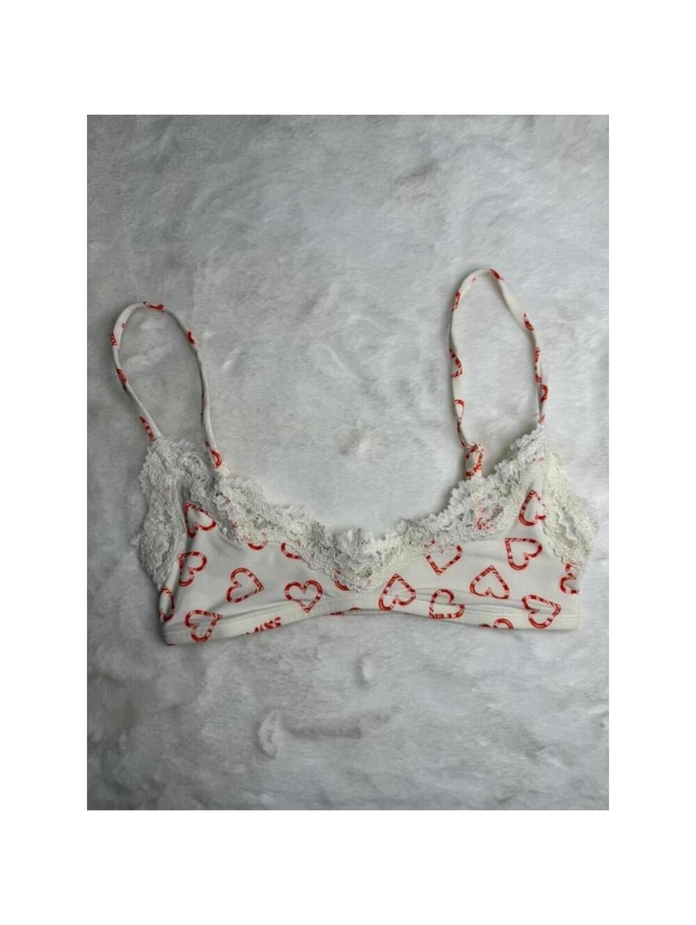 SKIMS Heart Print Lace Limited Edition Bralette White & Red XXS New